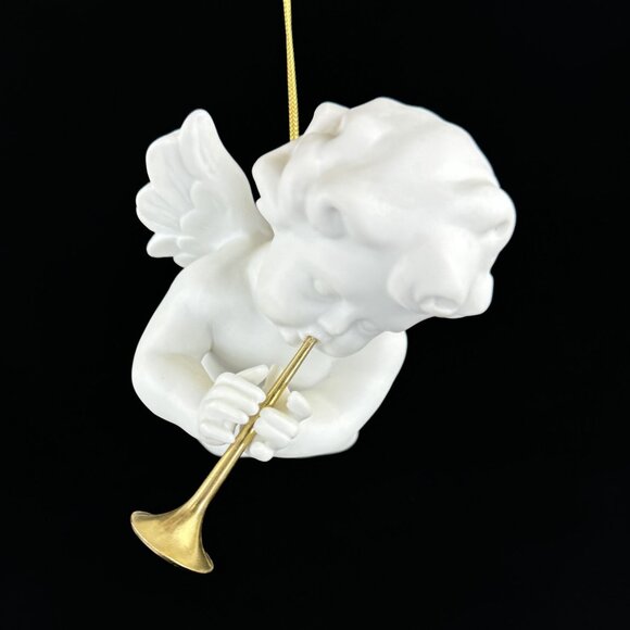 Vintage Porcelain Cherub Angel Hanging Figurine Gold Cord Brass Trumpet Ornament - Picture 6 of 16